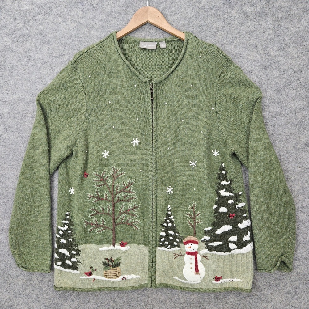 Croft & Barrow Cardigan Sweater Women 2X Green Winter Snowman Zip Up Ramie Blend